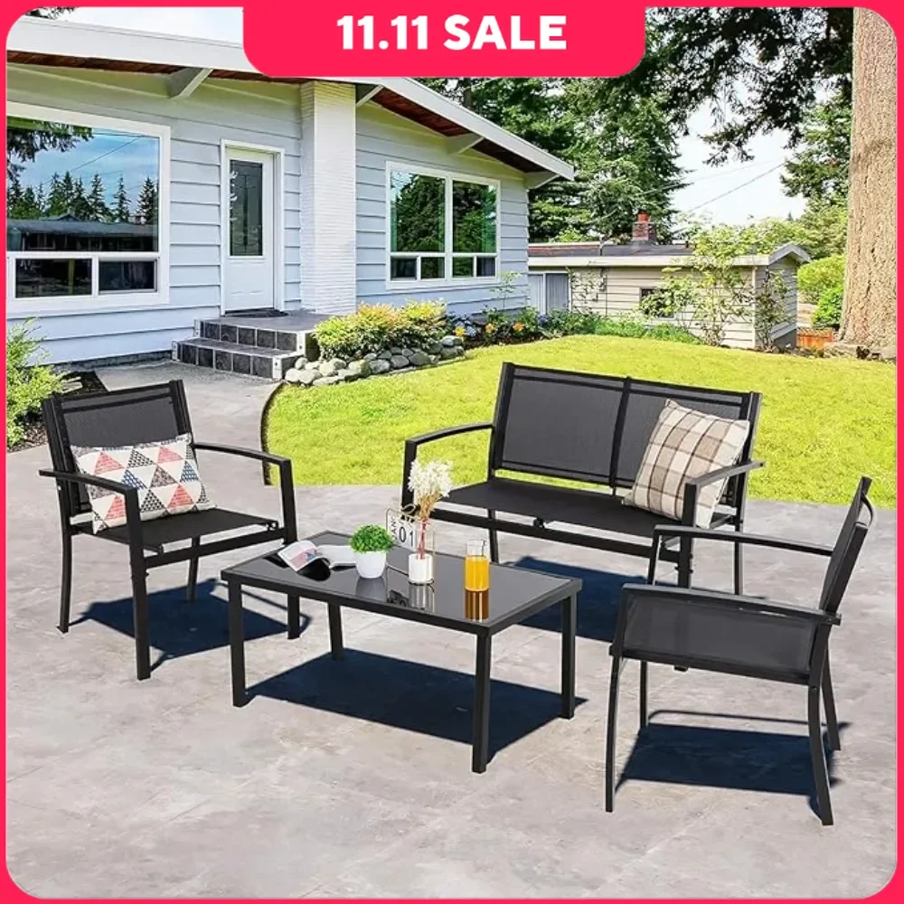 

4 Pieces Patio Furniture Set All Weather Textile Fabric Outdoor,Glass Coffee Table,2 Single Chairs Black Garden Furniture Sets