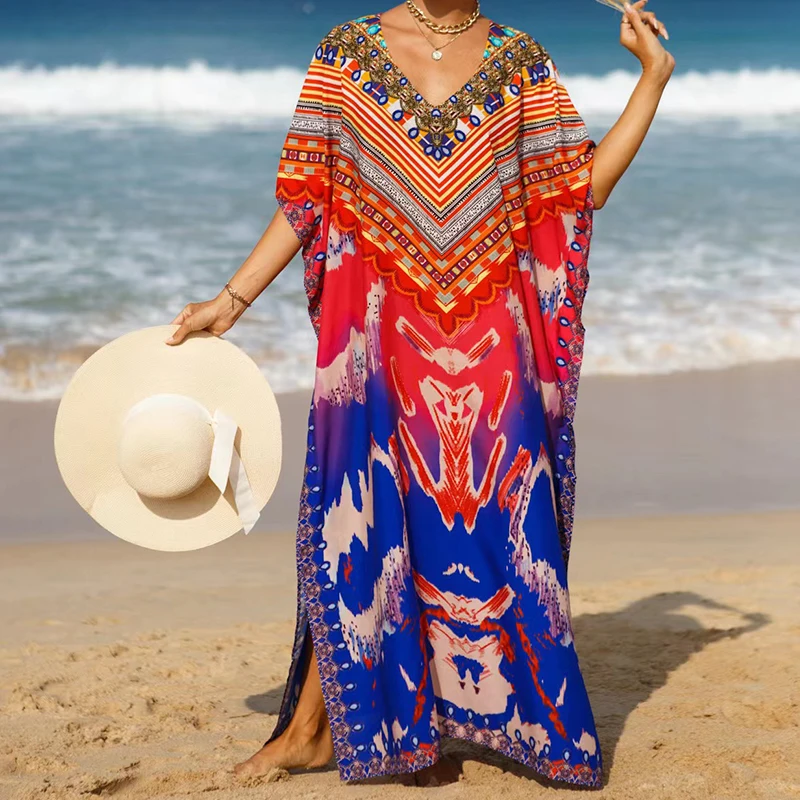 Women Sexy V-Neck Beach Dress Side Split Tunic Sarong Swimwear Kaftan Robe Sundress Color Bikini Cover Up Oversized Maxi Dress