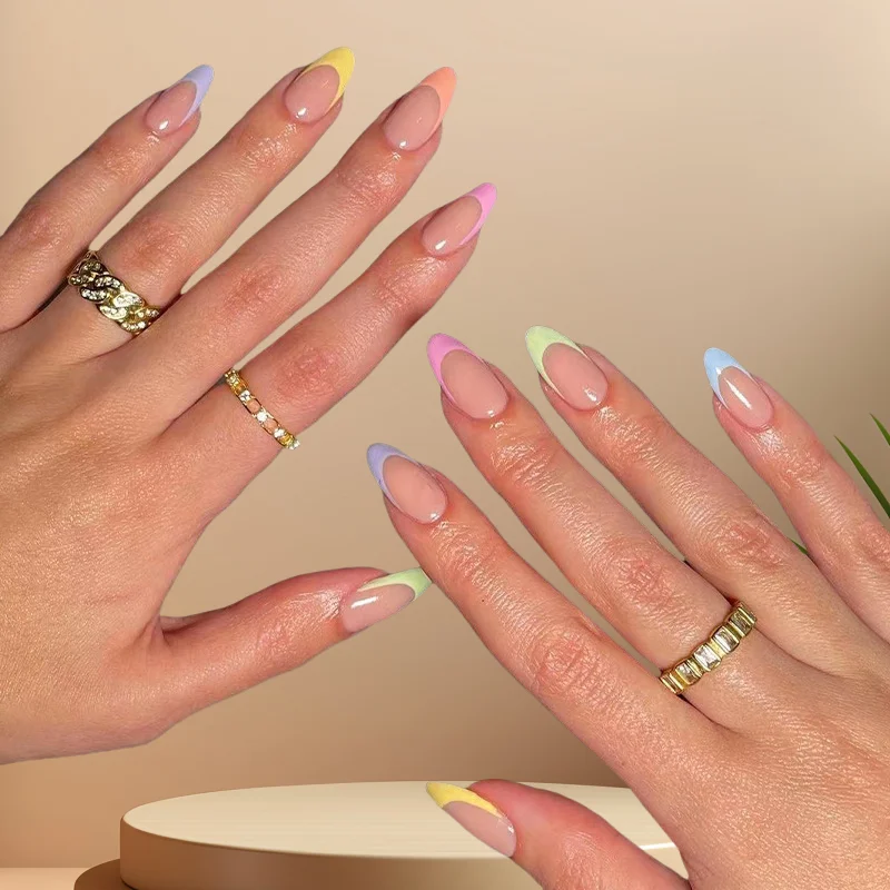 24 قطعة/المجموعة قوس قزح الفرنسية الأظافر وهمية بسيطة اللوز الأظافر كاذبة الفن مقاوم للماء للإزالة الاصطناعي الاكريليك الصحافة على نصائح الأظافر