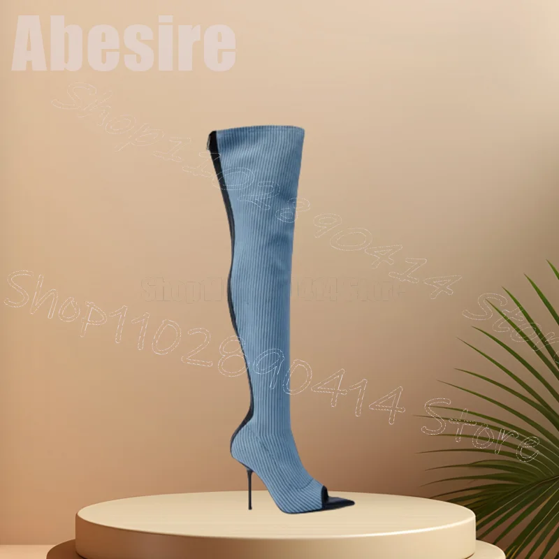 

Blue Knitted Stripe Design Peep Toe Sandals Boots Back Zipper Women Shoes Thin High Heels Party Dating 2025 Zapatos Para Mujere