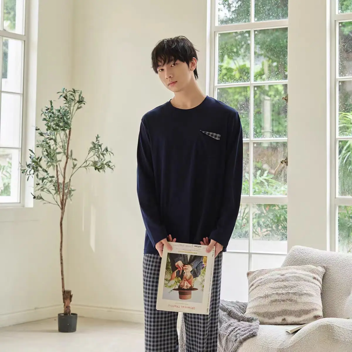 بيجامات رجالية عالية المظهر ومتعددة الاستخدامات بأكمام طويلة، وأزرار، كاجوال ويمكن ارتداؤها، وملابس منزلية فضفاضة