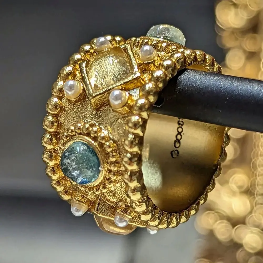 

Vintage Aquamarine Crystal Bezantine Style Metal Ring