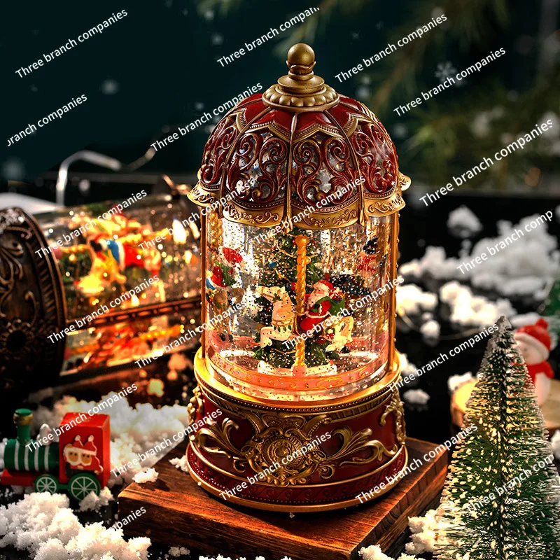 Christmas Decoration Retro Snow Music Box Scene Arrangement Ornament Carousel Music Box Atmosphere Gift