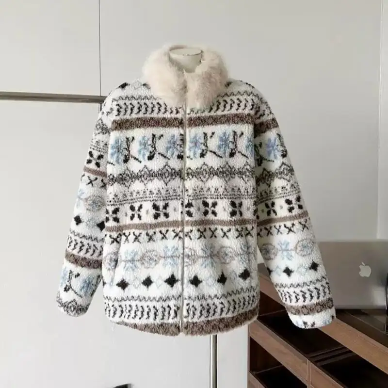 Giacca imbottita da donna Abbigliamento quotidiano da esterno Fair Isle Collo in pelliccia di agnello finta Cappotto invernale Giacca imbottita spessa calda stile etnico da donna