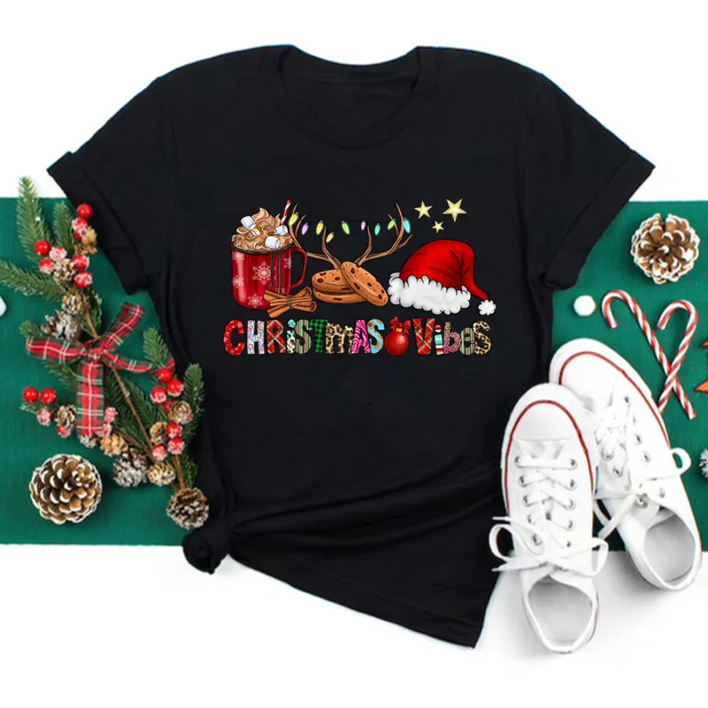 Merry Chriatmas Woman Clothing Print Shirt for Girl's Christmas Gift Short Sleeve O-Neck T-Shirts Female Christmas Tee