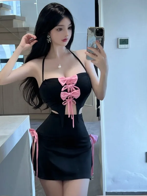 Korean Style Sweet Girl Sexy Bow Strap Appear Thin Women's Top+Half skirt Temperament two piece outfits for women summer D004