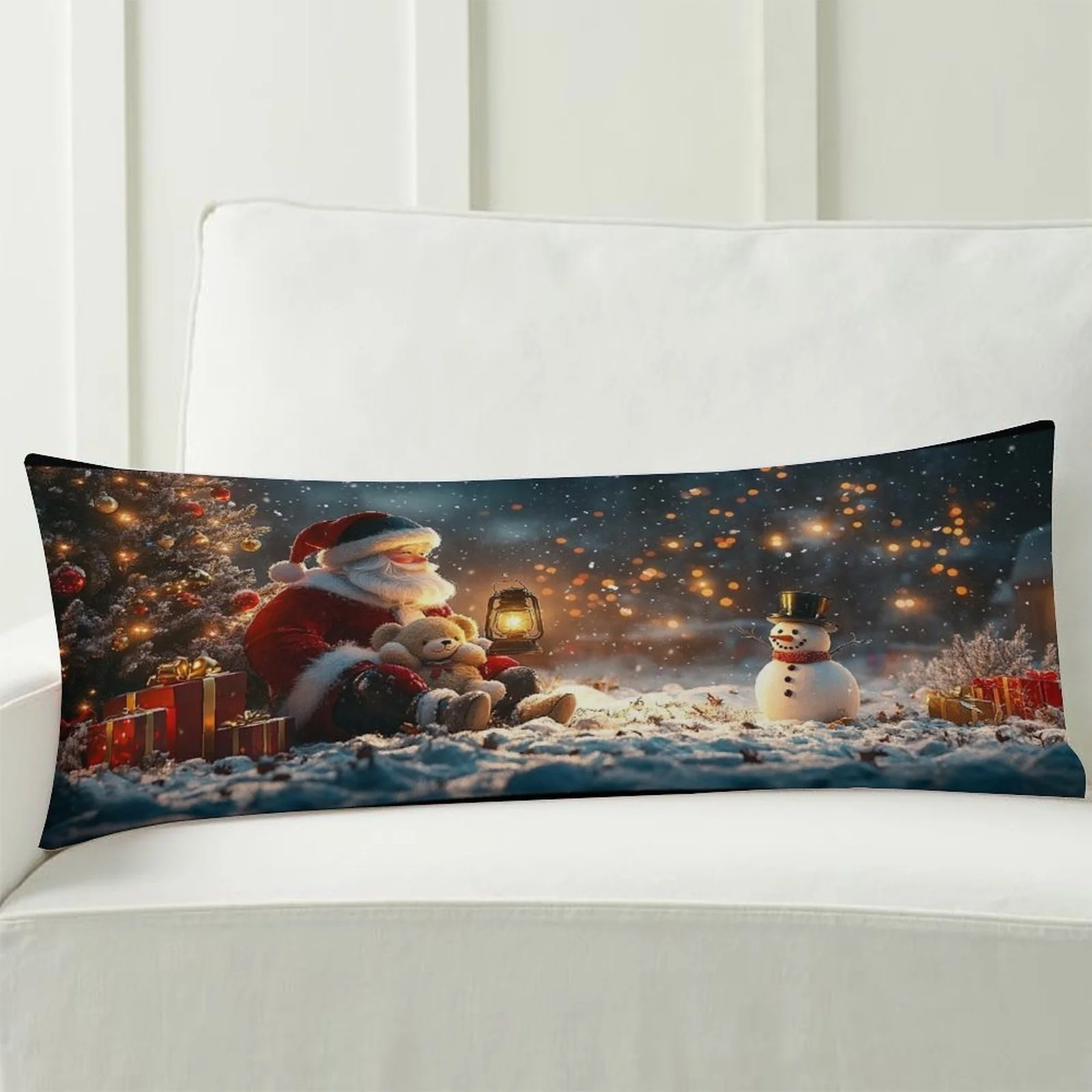 Housse de coussin longue à thème Magie de Noël, élégante housse de coussin longue en peluche, coussin décoratif doux imprimé double face de grande taille