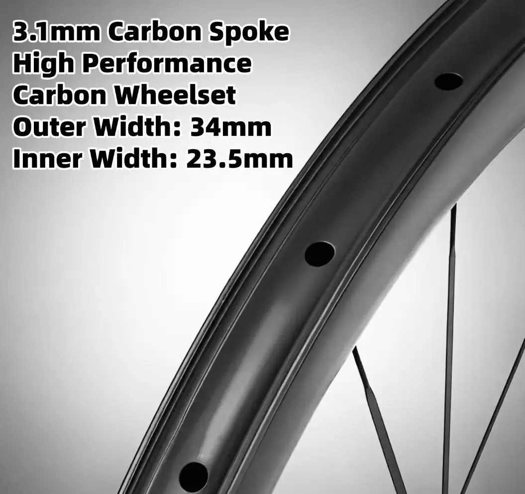

700C Road Bike Wheelset 3.1mm Carbon Spoke 54T Ratchet Hub 34mm Outer 23.5mm Inner Width Vacuum Carbon Fiber Bike Wheel Set