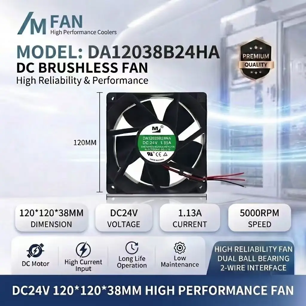 For M FAN DA12038B24HA DC 24V 1.13A 5000RPM 12038 Dual Ball Bearing 2-Wire Server Industrial Axial Cooling Fan CE cURus