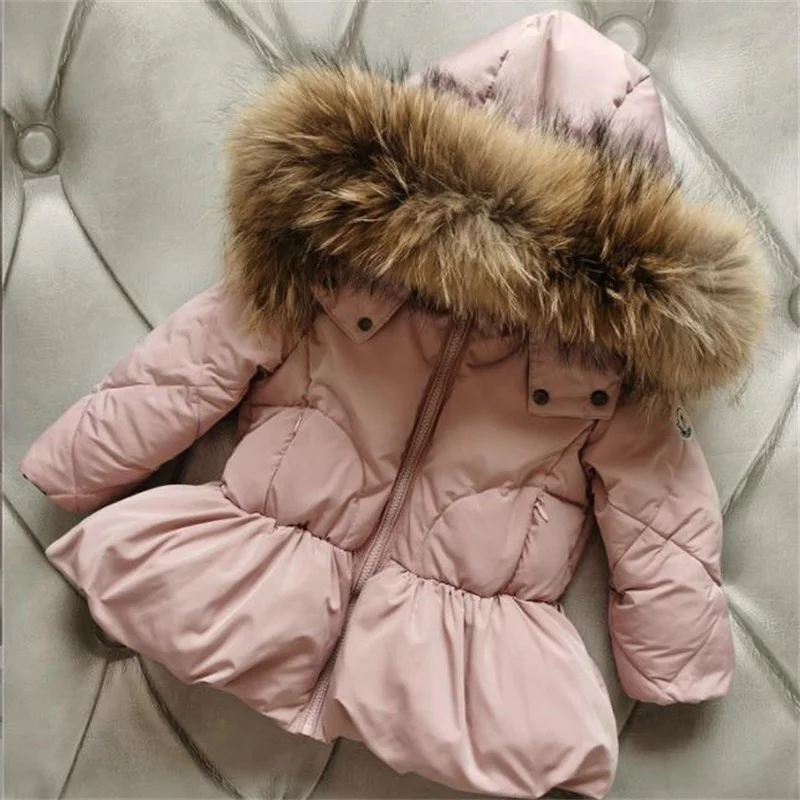 Fur Colla Children\'s hooded down jacket winter suit long thick outerwear duck down jackets a line zipper