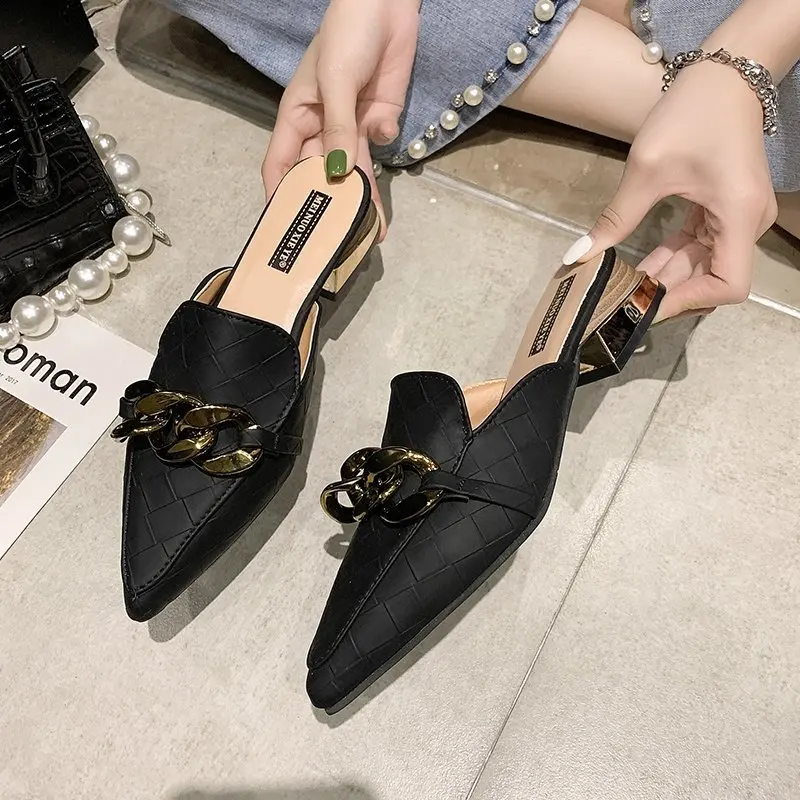 

Baotou Half Slippers Women's Luxury Brand New Versatile Point Sharp Metal Buck Flat Shoes Banquet Slippers Fashion Slippers