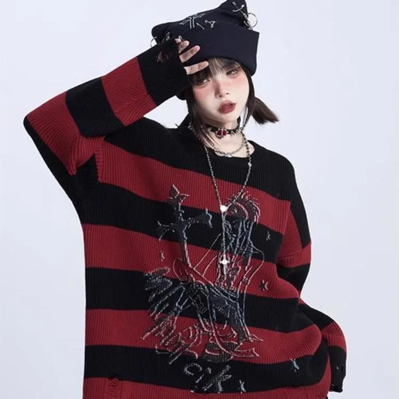 

New Gothic Cross Sweater Winter Vintage Knitted Pullover Women Clothes Red Stripe Streetwear Loose Long Sleeve Top Knitwears Y2k