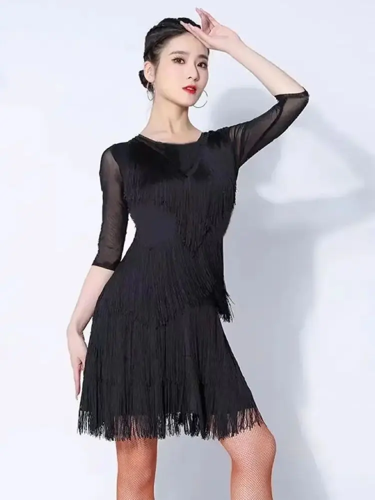 New Latin Dance Dress Sexy Women\'s Adult Long Tassel Dress Dancing Clothing Bottoms Performance Wear