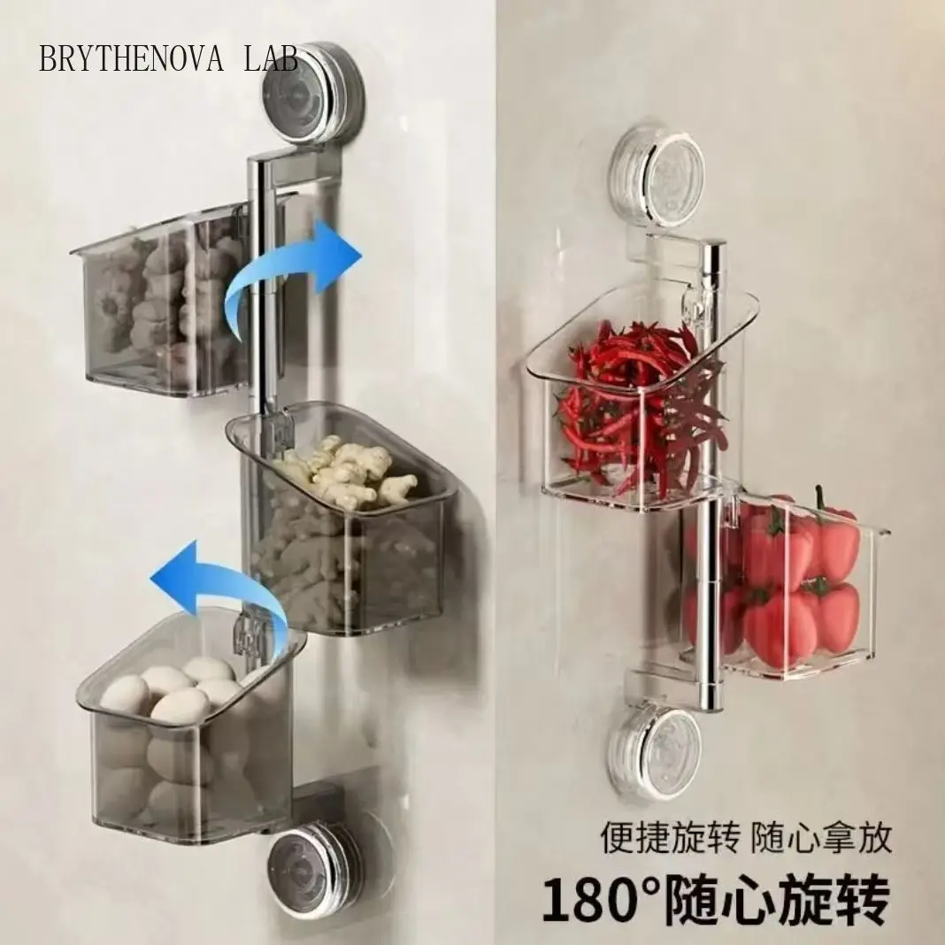 No Drill Wall Mount Rotatable Suction Cup Storage Transparent Basket, Multi-layer Onion Ginger Garlic Seasoning Organizer