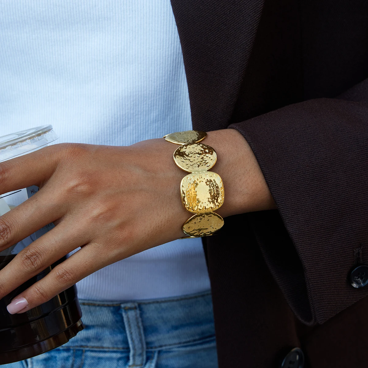 

AIKOER Classic Trendy 18K Gold Color Plated Hammer Patterned Circular Wide Open Bracelet Waterproof Stainless Steel Jewelry Gift