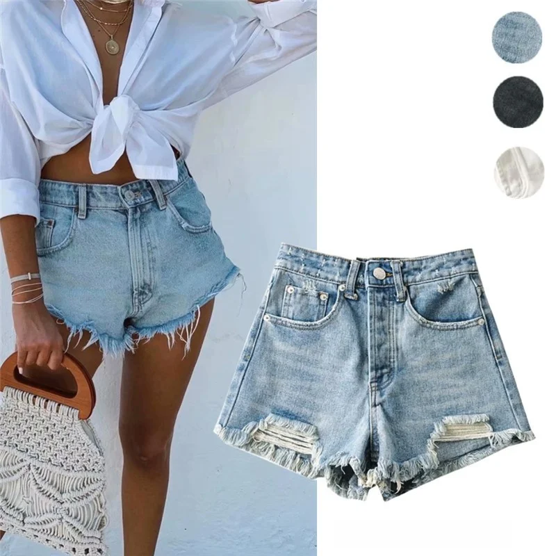 

Широкие джинсовые брюки с высокой талией, женские летние шорты с кисточками и эффектом похудения, цвет Bla, расклешенный подол