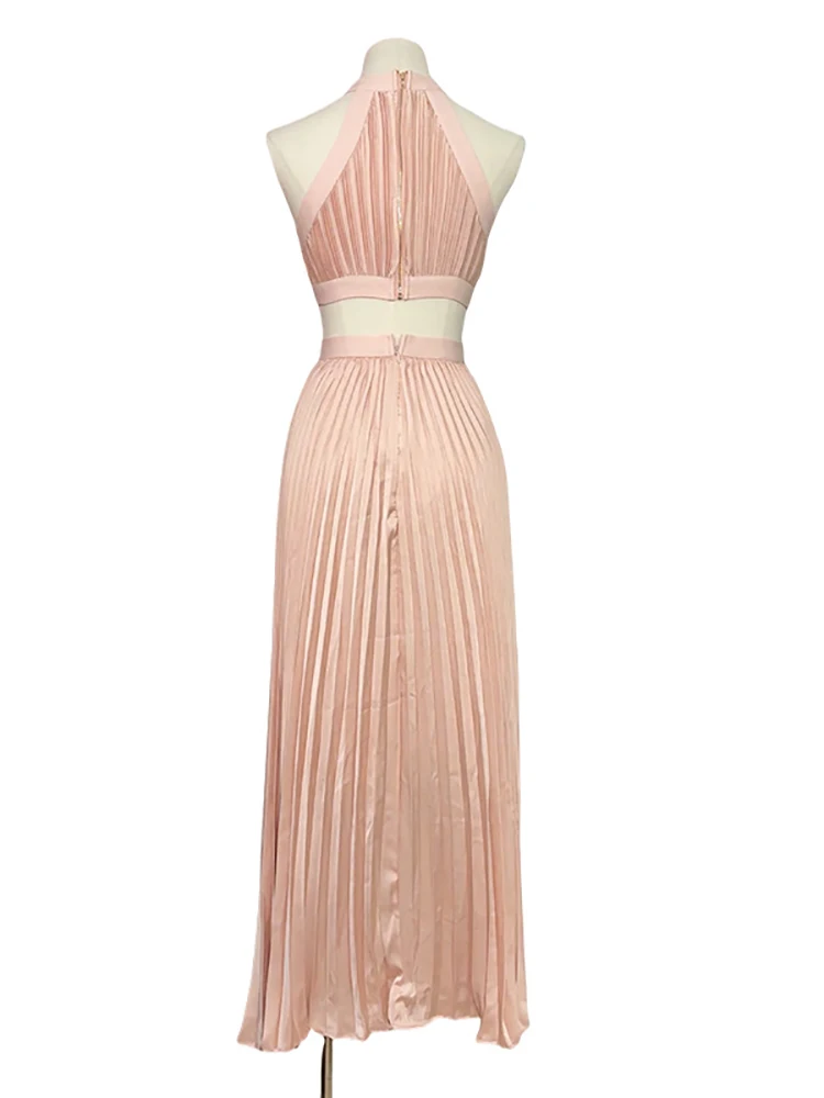 Sexy Halter Neck Cutout Pleated A-line Long Dress Women Pink Sleeveless Backless Hollow Out Slim Dresses Vacation Party Gowns