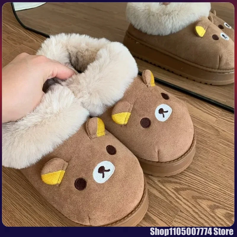 

Kawaii Cute Bear Rilakkumas Wearing Cotton Shoes Outside Flat Closed-Toe Mules Cartoon Slippers Home Shoes Winter Couple'S Shoes
