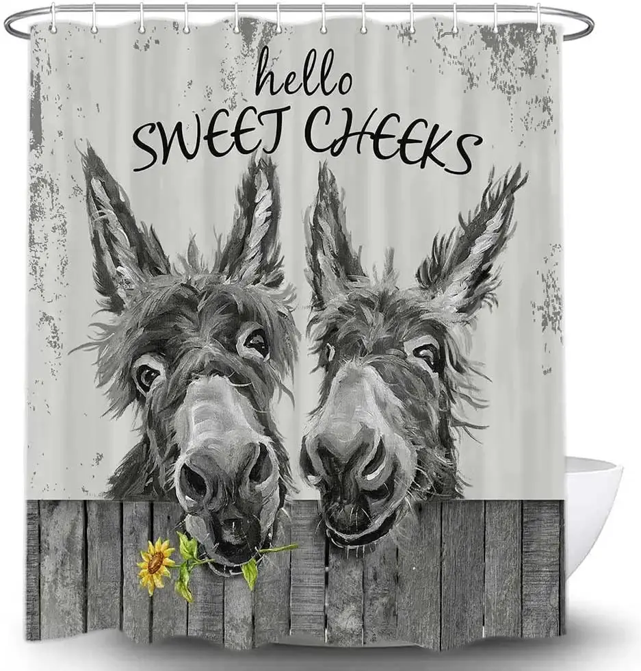 Donkey Shower Curtain Rustic Floral Farmhouse Bathroom Shower Curtains Black and White Cute Animal Modern Waterproof Set Hooks