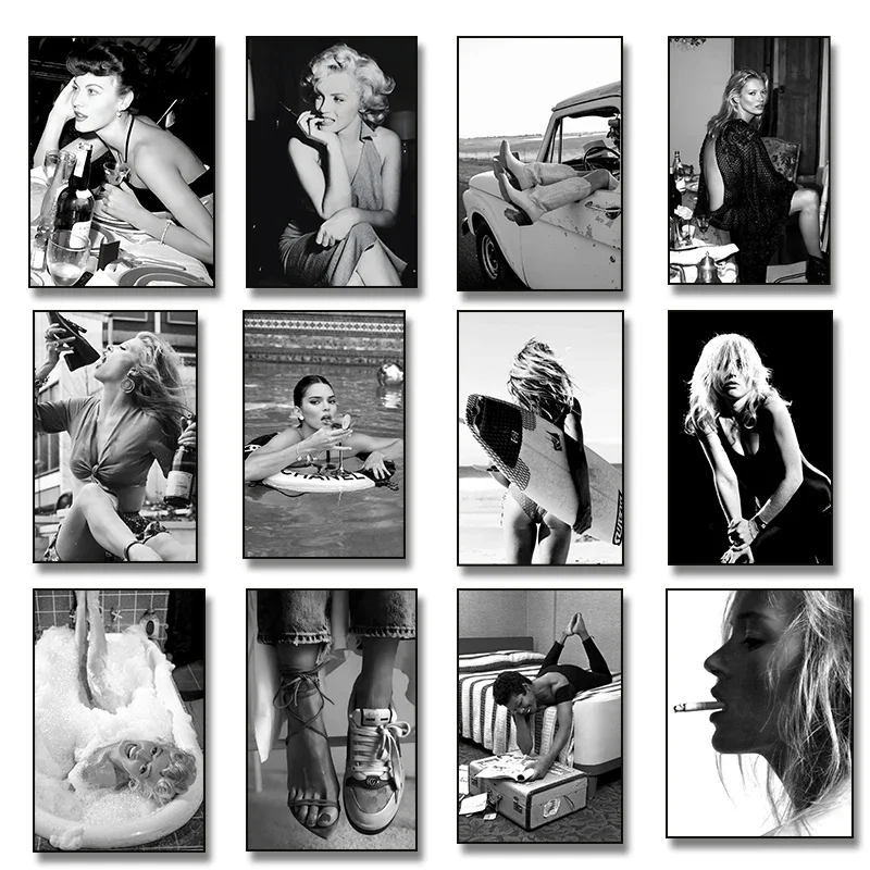 Vintage Woman Drinking Martini by Swimming Pool Black and White Fashion Photography Poster Canvas Art Print Wall Decor Home Deco