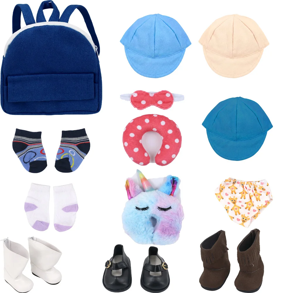 

Suitable For 18 Inch 43cm Dolls Various Accessories,Leather Shoes,U-shaped Pillows,Eye Masks, Hats,Backpacks,Socks, Child's Gift