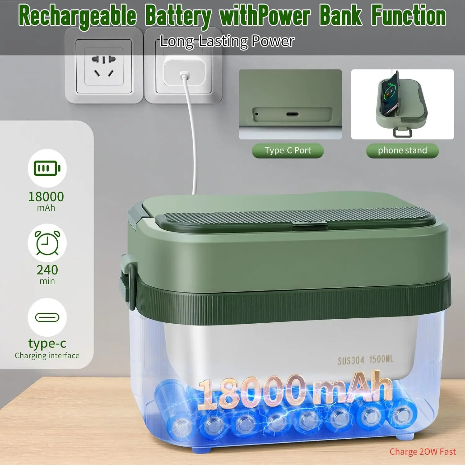 18000mAh Battery Powered Cordless Heated Lunch Box - 5-Sided Self-Heating, Smart Timer, 6.3 Cups, Leak-Proof, Portable for Work, Travel, Commuters