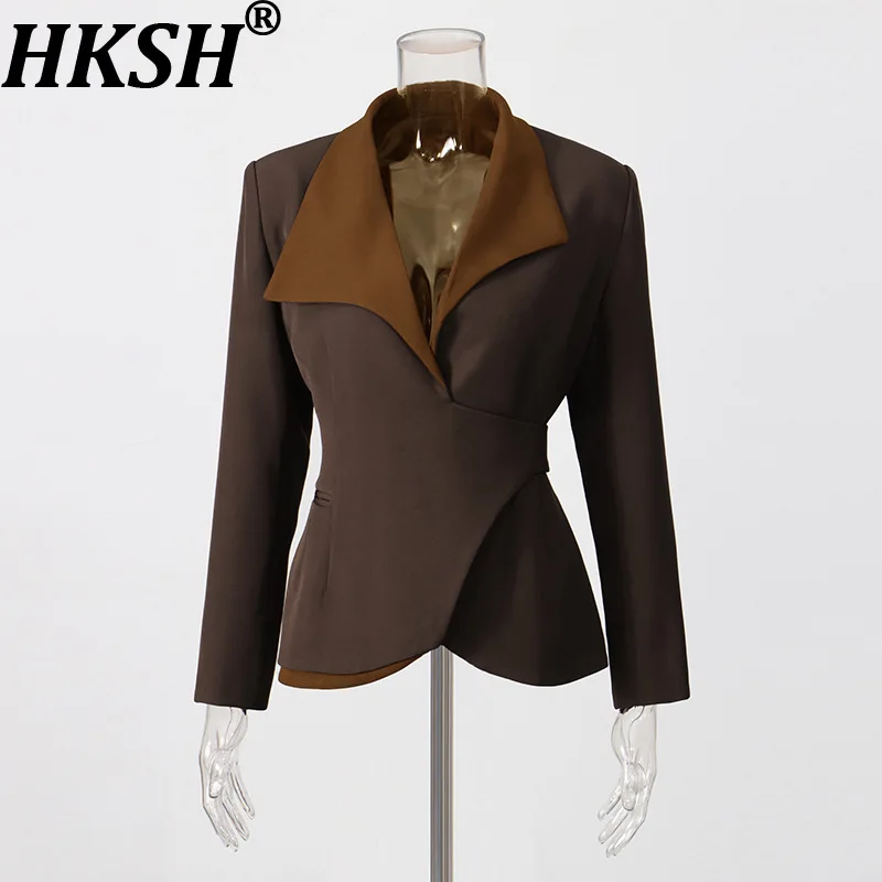 HKSH Women Blazer Design Large Turn-Down Collar Contrast Color Waist Cinching Lace-Up High Street Stylish Slim Suit-Coat HK28185