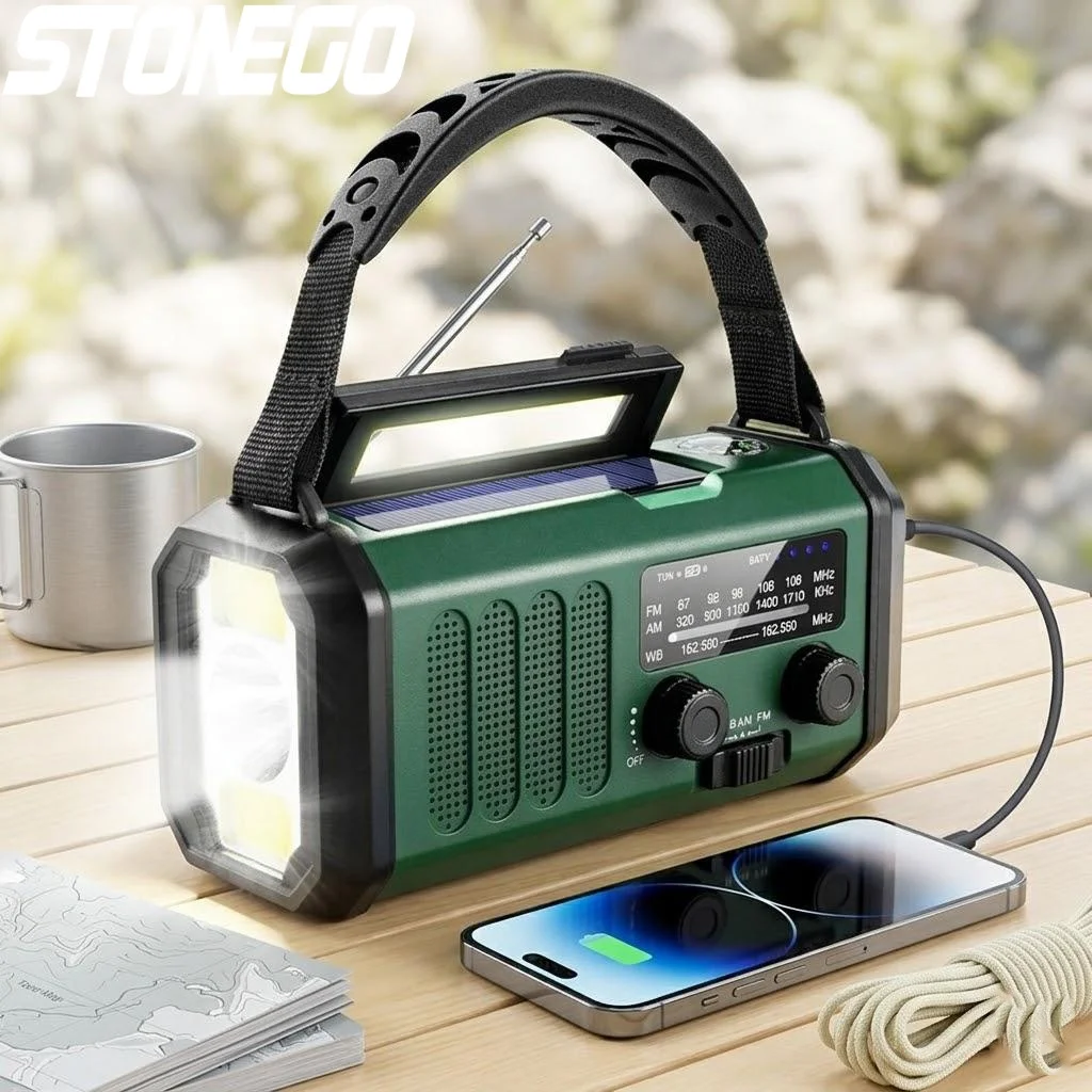 

10000mAh Solar Crank AM FM Radio USB C Charger Flashlight SOS Alarm Compass Outdoor Survival Emergency Gear