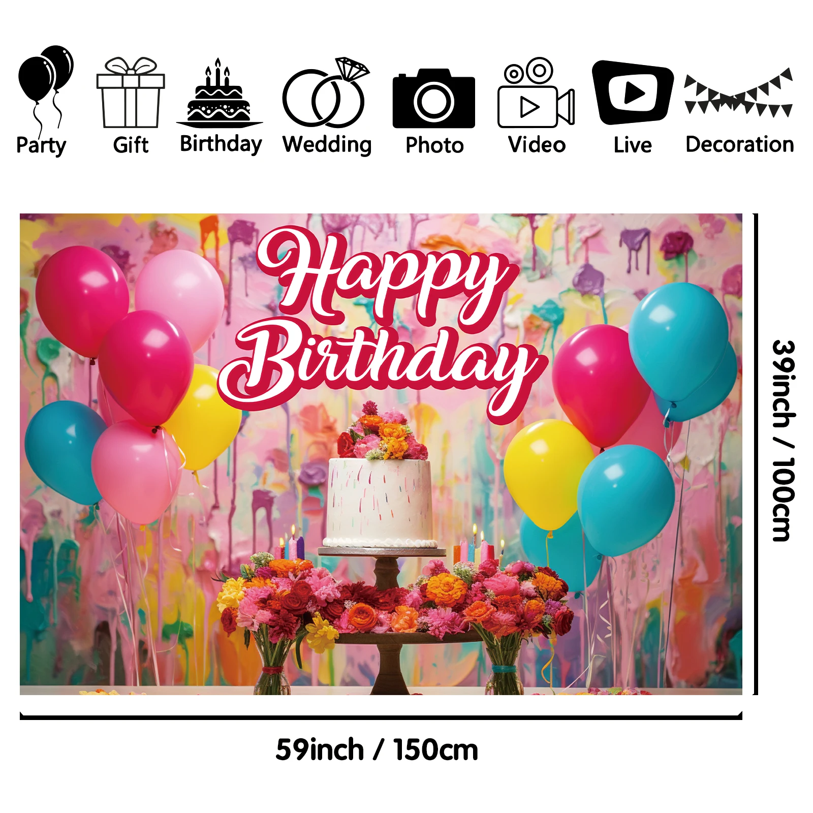 1PCS 100x150cm Happy Birthday(6) Theme Backdrop,Photography Background,Used To Gifts,Activities Or Other Party Decoration