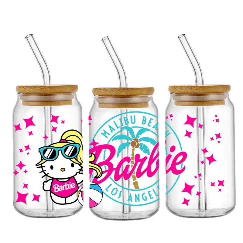 Cartoon Barbie Meisje 16Oz Uv Dtf Cup Wraps Transfer Sticker Voor Glazen Kan Fles Zelfklevend Wasbaar Diy Custom