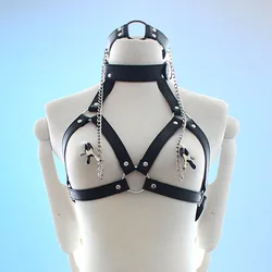 Sex Tools for Couples Faux Leather Choker Collar with Nipple Breast Clamp Clip Chain Couple BDSM Bra Harness Chest Straps Women