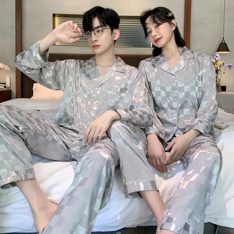 New High-end Couple Pajamas Women Spring Autumn Ice Silk Long Sleeve Loungewear Senior Sense Men Home Service Suit Sleepwear