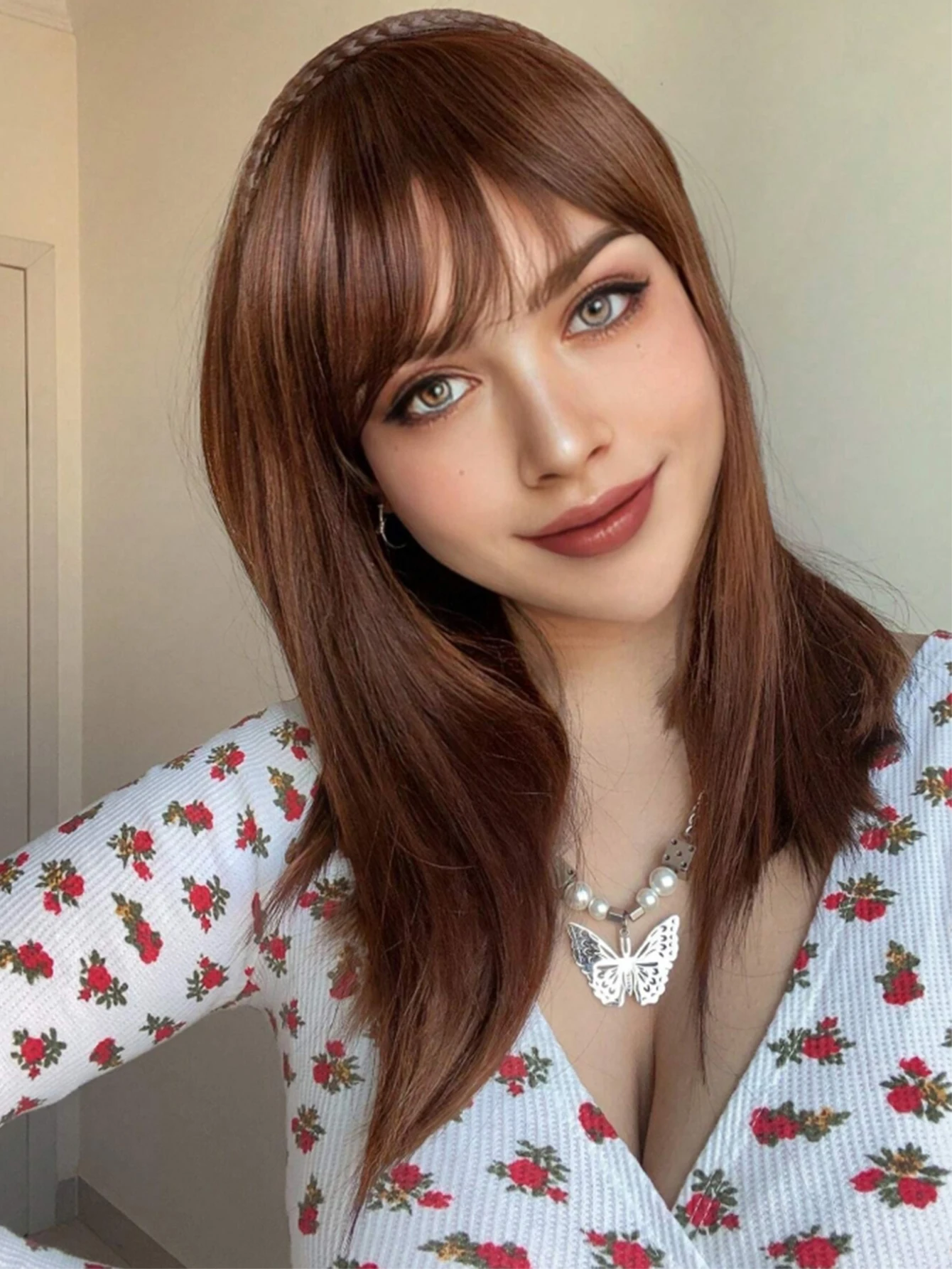 LM Synthetic Brown Wig Braided Headband Wigs With Bangs Integrated Long Straight One Piece Hair Extension For Daily