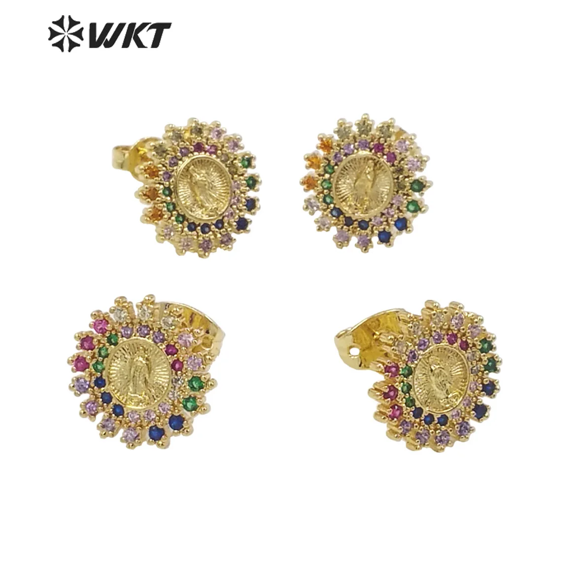 WT-ME102 Vintage Vibe Flower Design And Colored Cubic Zircon Yellow Brass Women Earring Studs For Friends Birthday Present