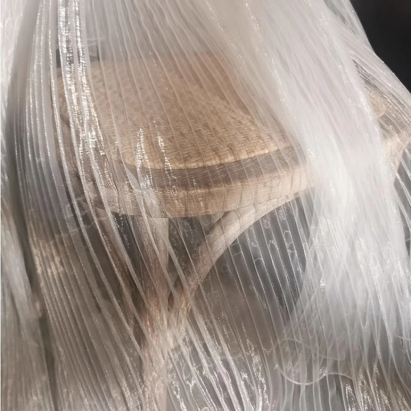 White Organza Pleated Wave Fabric Pressed Fold Dress Designer Evening Gown Qipao Sheer Lightweight Fashion Textile Fabric