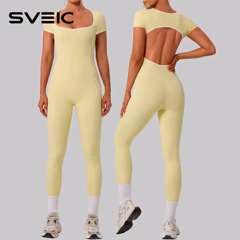 

SVEIC Комбинезон для йоги, спортивный комбинезон с открытой спиной, полая спортивная одежда для фитнеса, быстросохнущее цельное боди, леггинсы, женская одежда для спортзала