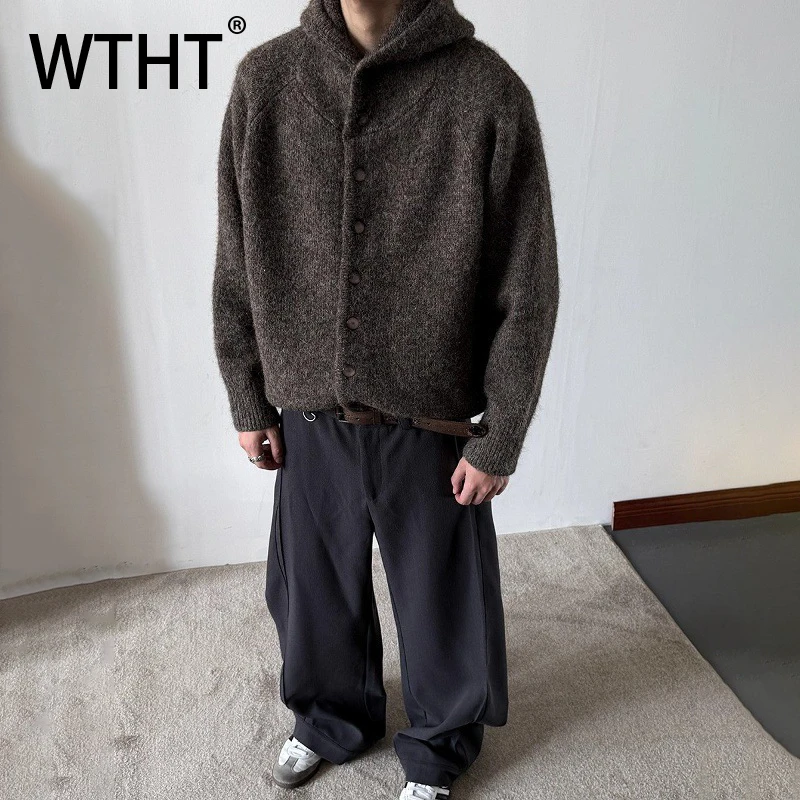 

WTHT Fashion 2025 Autumn Men’s Solid Color Knit Loose Coats Trendy Hooded Single Breasted Casual Jackets Male 2A2411