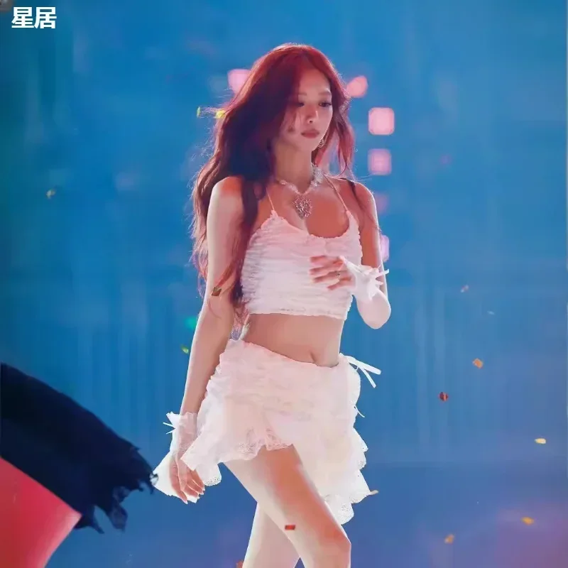 Traje de baile de Jazz para grupo de mujeres, Tops con tirantes de encaje blanco, falda Irregular Kpop, trajes, ropa de Hip Hop, ropa de bailarina para fiesta en club nocturno