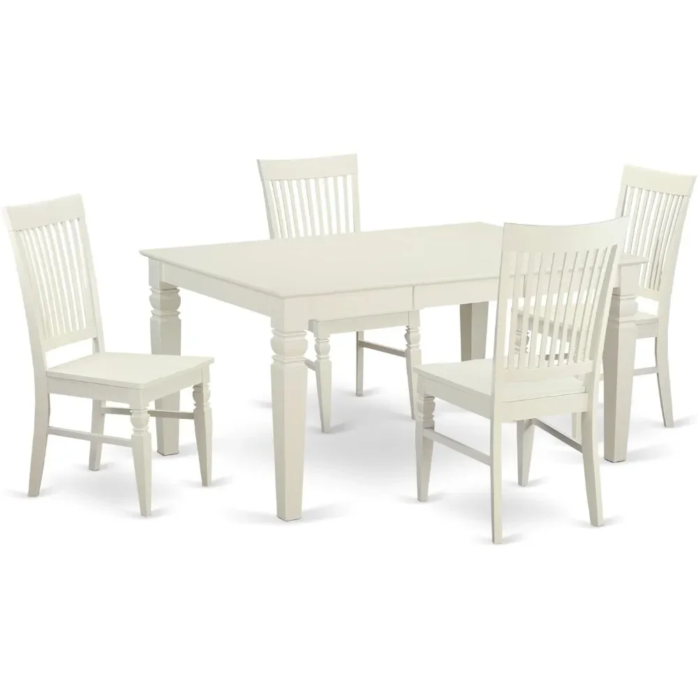 

5 Piece Kitchen Set for 4 Includes a Rectangle Room Table with Butterfly Leaf and 4 Dining Chairs, Wood Seat, Linen White