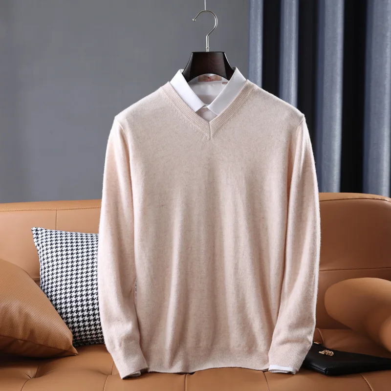 Wool Cashmere Sweater Men\'s V-neck Knitted Pullover Autumn Winter Sweater Casual Classic Warm Bottoming Shirt Jumpers Plus Size