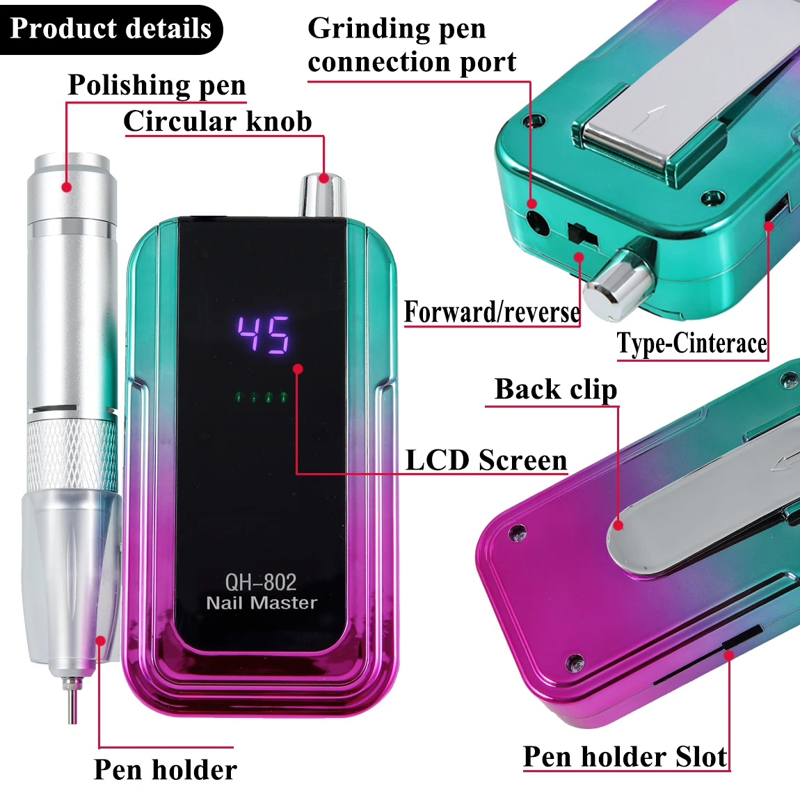45000 دورة في الدقيقة آلة حفر الأظافر الكهربائية المحمولة ملف الأظافر قابلة للشحن مسمار ساندر ل هلام تلميع الأظافر لصالون مانيكير #2