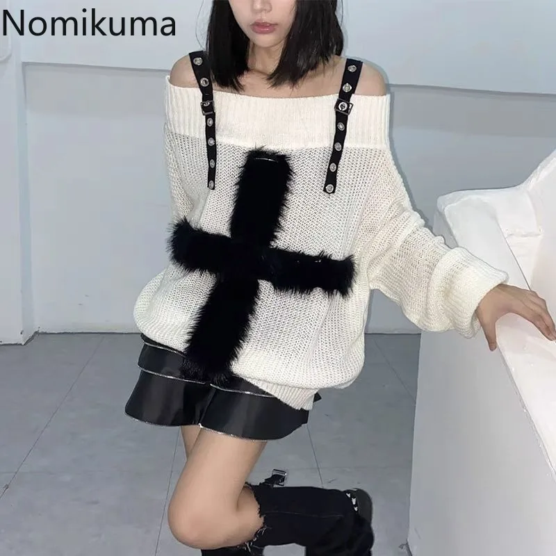 Harajuku Punk swetry oversize 2024 ubrania damskie głęboki dekolt sweter z odkrytymi ramionami krzyż moda codzienna sweter z dzianiny topy