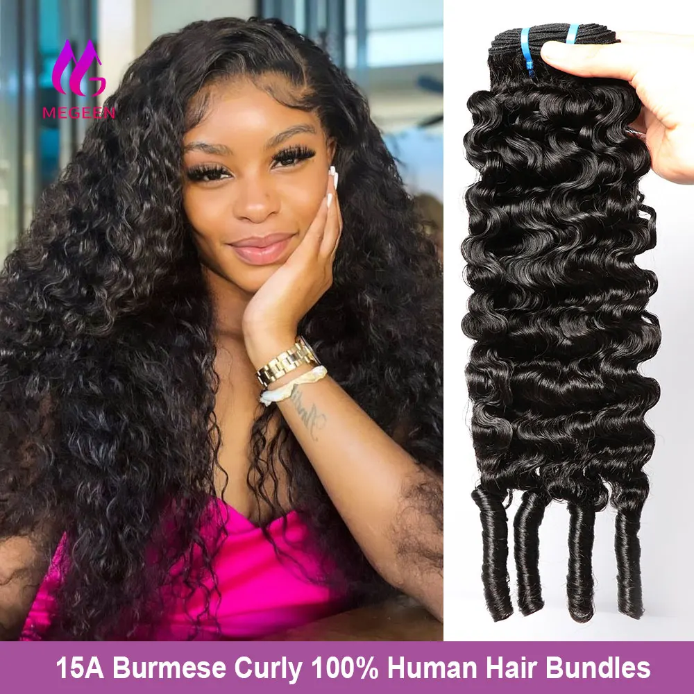 Megeen Burmese Curly Bundles with Spriral Ends 15A Unprocessed Virgin Hair Human Hair 1/3/4Pcs Deep Wave Weave Hair Extensions