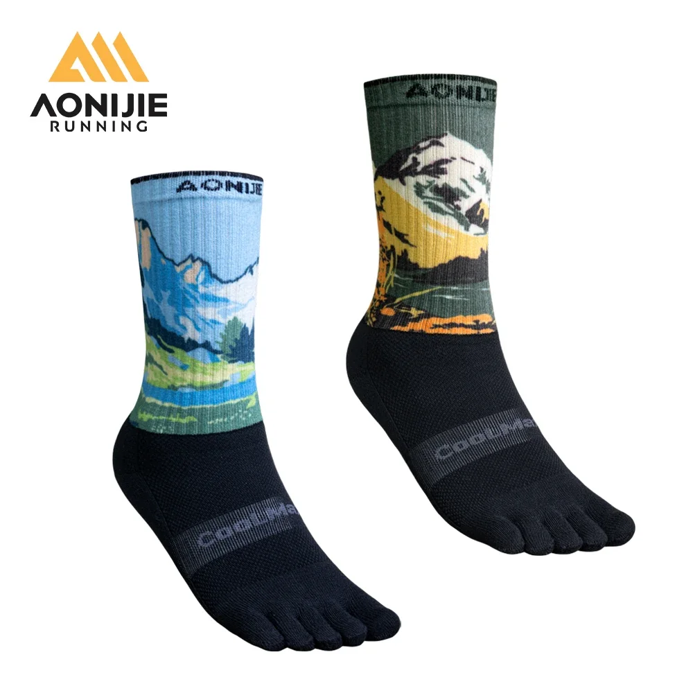 AONIJIE Outdoor Five Toe Running Socks Shock Absorption Toe Hiking Socks Long Tube Stocking for Trail Running Cycling E4843