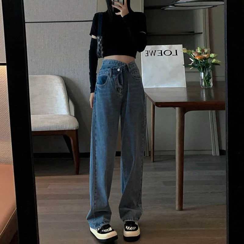 

Прямые джинсы с высокой талией, женские весенние 2023, новые асимметричные синие свободные утягивающие брюки длиной до пола