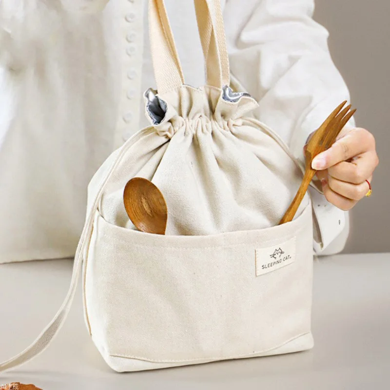 

1pc Portable Lunch Bag With Drawstring Bento Storage Bag with Pocket Office Students Food Storage Bag Simple Japanese style