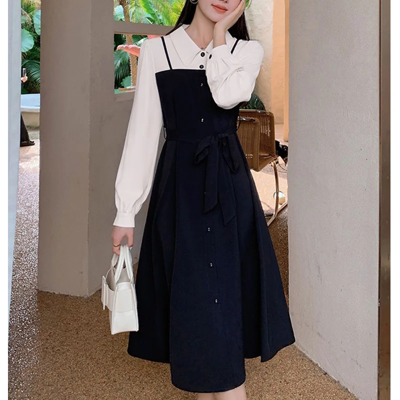 Women Stylish Lace-up Sweet Elegant Patchwork Fake Two Piece Shirt Dresses Korean High Waist Long Sleeve Slim Midi Dress Vestido