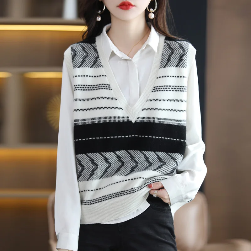100 pure cashmere sweater women loose vest V-neck vest color matching striped cashmere knit bottoming shirt sweater
