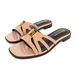 2025 women's summer new round toe solid color slippers fashionable indoor and outdoor GJ niche brand metal decoration slippers