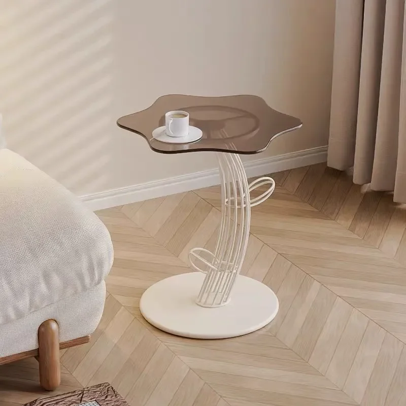for Wabi Sabi Cloud Glass Coffee Table for Living Room Balcony Creative Iron Edge Side Table for Small Apartment Cream Style